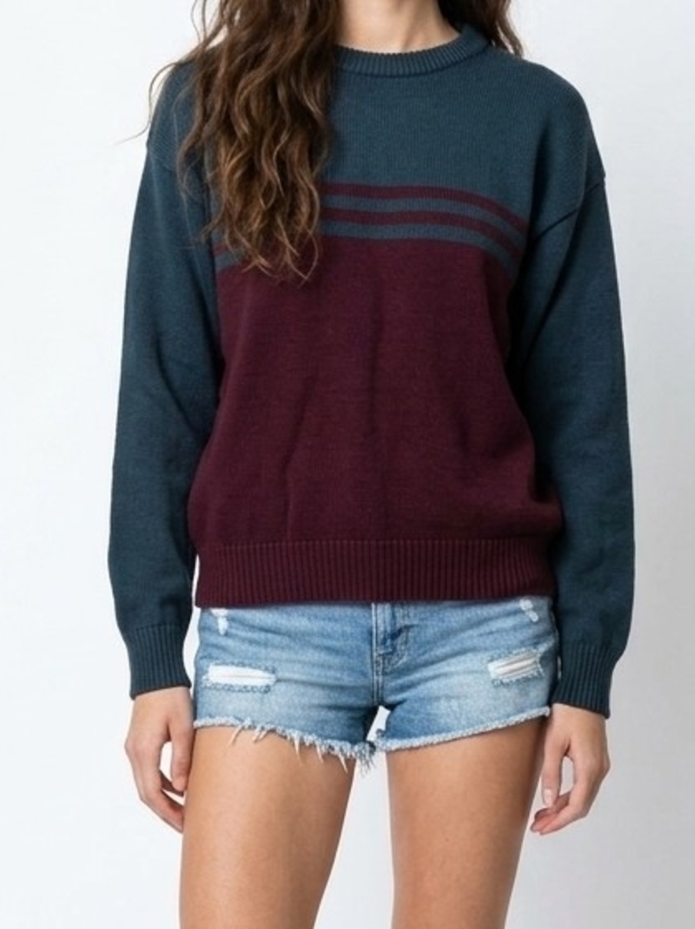 Vintage Varsity Striped Colorblock Crewneck Sweater In Navy/Burgundy
